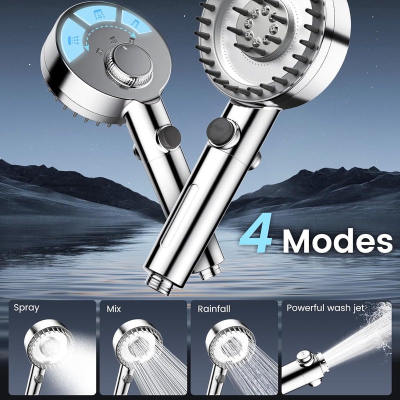 PWERAN Filtered Shower Head with Handheld, High Pressure 4 Spray Mode Showerhead with Filters, Water Softener Beads for Hard Water with ON/OFF Switch for Pets - Remove Chlorine (Chrome, 5 Inch Panel) - Image 3